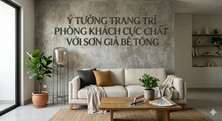 Ý tưởng trang trí phòng khách cực chất với sơn giả bê tông nghệ thuật
