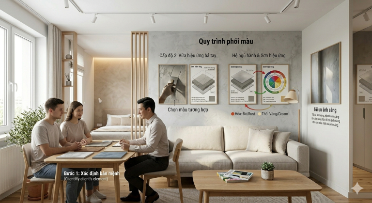Quy trình phối màu sơn hiệu ứng theo phong thủy gia chủ: Đẹp sang và Vượng khí